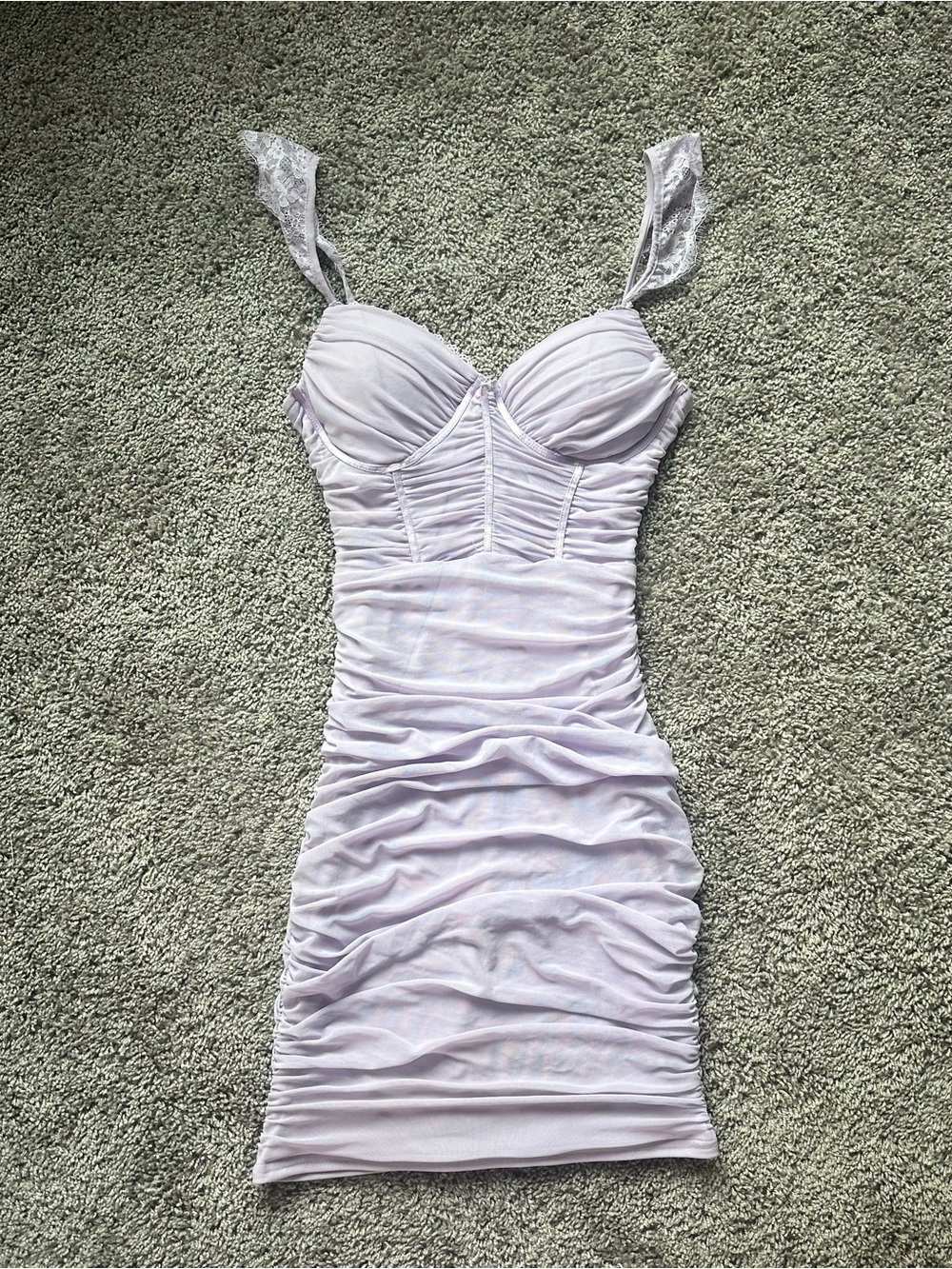 Lace-Trim Ruched Mini Dress in Light Lavender
